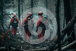 Teamwork of firefighters in the forest, elimination of tree fires in the reserve