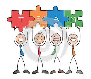 Teamwork, four stickmen businessmen holding connected team jigsaw puzzle pieces, hand drawn outline cartoon vector illustration