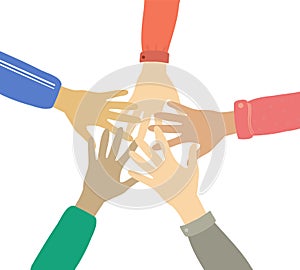 Teamwork and friendship hands together concept vector illustration. Multinational concept of team, volunteer, help