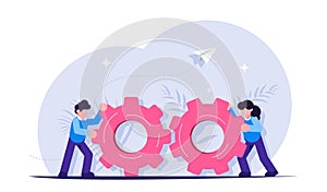 Teamwork with gears. Business management and working process conceptual illustration. Modern flat vector illustration.