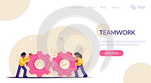 Teamwork with gears. Business management and working process conceptual illustration. Modern flat vector illustration.