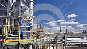 Teamwork: group of industrial workers in a refinery - oil processing equipment and machinery