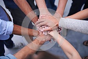 Teamwork, hands and business people with top view of collaboration, partnership or cooperation. Support, unity and