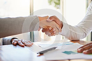 Teamwork handshake, success deal or thank you in office support, trust or motivation after b2b collaboration business