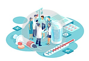 Vector of group of doctors of different subspecialties brainstorming patient diagnosis and treatment options