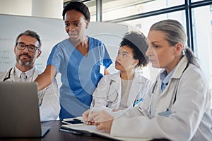 Teamwork, healthcare and planning with a doctor, nurse and medicine team at work on a laptop during a meeting