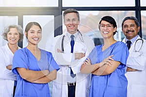 Teamwork, healthcare and portrait of doctors with crossed arms for medical service, insurance or collaboration
