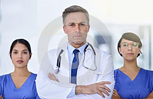 Teamwork, hospital and portrait of doctors with crossed arms for medical service, insurance or collaboration