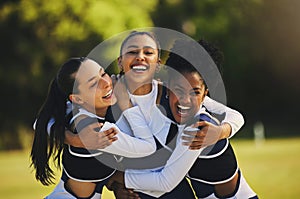 Teamwork, hug or portrait of cheerleader with people outdoor in training or sports event together. Celebrate, smile or