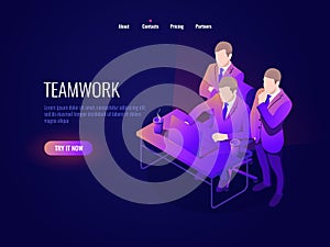 Teamwork icon isometry, collective discussion, project discussion, startup, business management, office workplace photo