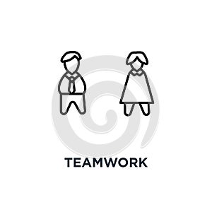 teamwork icon, symbol of problem solution, team of three cute cartoon people are discussing a new idea, team work in outline