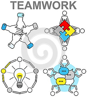 Teamwork icons planning business, launching idea. People brainstorming, meeting and teambuilding, startup