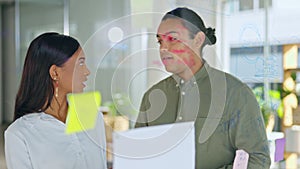 Teamwork, ideas or Indian woman writing on glass board for problem solving or business project strategy. Focus, board or