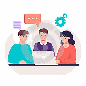 Teamwork illustration of three people at a laptop brainstorming and problem-solving