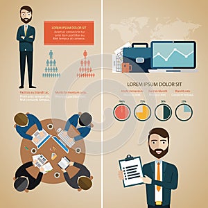 Teamwork infographic set with business avatars and world map vector illustration.