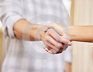 Teamwork, interview or business people shaking hands in startup, b2b agreement and partnership. Support, closeup and