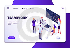 Teamwork isometric landing page. Cartoon business people working at office desk with computers. Business workspace