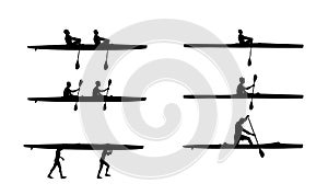 Teamwork kayakers paddling double kayak in competition race vector silhouette isolated. Sport man crew in kayak boat racing.