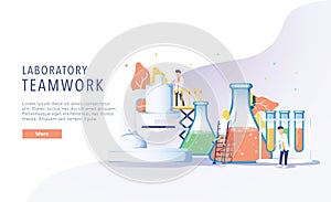 Teamwork laboratory research with science glass est tube vector illustration concept, people por chemiceal liquid