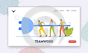 Teamwork Landing Page Template. Business Strategy and Connection Concept. Tiny Businessmen and Businesswoman Cooperation