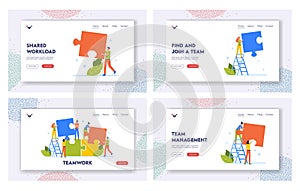 Teamwork Landing Page Template Set. Businesspeople Office Employees Group Set Up Huge Colorful Separated Puzzle Pieces