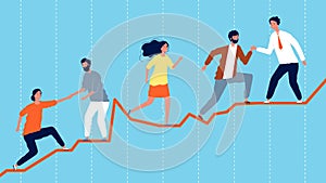 Teamwork. Leadership concept, business team climbing on economic graph. Successful work vector illustration