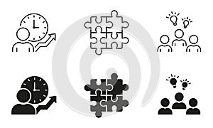 Teamwork Line and Silhouette Icon Set. Management Strategy Pictogram. Business Partnership Symbol Collection. Creative