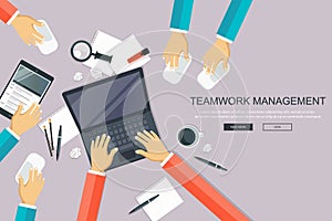 Teamwork management concept. Analyzing project on business meeting. Group of people around the table. Flat vector