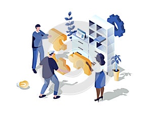 Teamwork in office concept 3d isometric web scene. People working together and collecting puzzle, doing job tasks, collaborate and