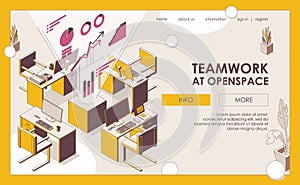 Teamwork at openspace office isometric landing page template. Outline tables and chairs, monoblock pc and accessories, charts and photo