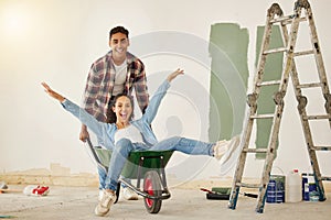 Teamwork, painting interior design and couple working together in real estate property house, building or new home