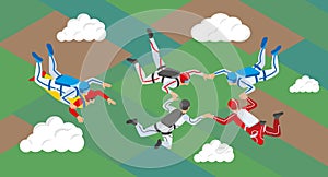 Teamwork Parachuting Isometric Composition