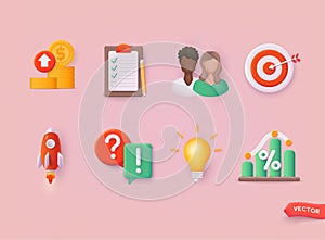 Teamwork partner icon set, person avatar, business management strategy, startup rocket. 3D Web Vector Illustrations