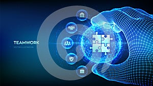 Teamwork and Partnership business concept concept in the shape of polygonal sphere in wireframe hand. Global cooperation