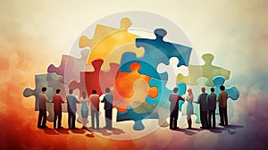 Teamwork and partnership concept with business people assembling colorful jigsaw puzzle