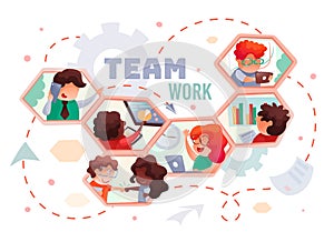 Teamwork, people in honeycombs working, successful work, vector illustration at white background