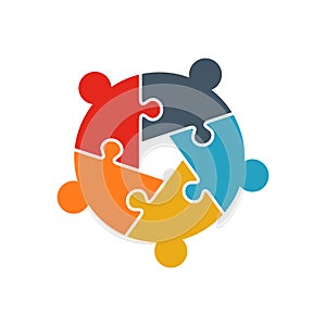 Teamwork People jigsaw puzzle five person pieces logo. Team Building concept. People business group