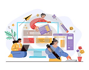 Teamwork people workers characters working on new project together concept. Vector flat cartoon modern style graphic illustration