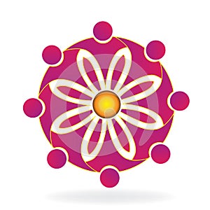Teamwork pink flower shape logo illustration.