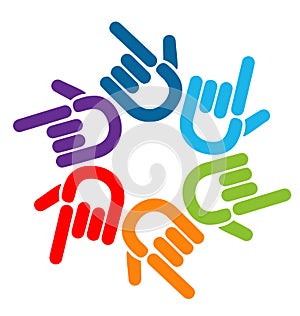 Teamwork pointing colorful hands, icon logo vector