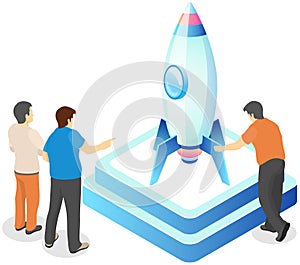 Teamwork with presentation of new project business plan. Launch of rocket as symbol of startup