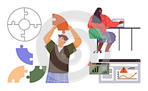 Teamwork, Problem-Solving, and Data Analysis with Puzzle Pieces and Digital Tools