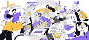 Teamwork in programming outline. Software development team writes code for web app. Programmers work together. Engineers