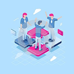 Teamwork puzzle concept, abstract team isometric business icon, collaborate of people, achievement of common goal, happy photo