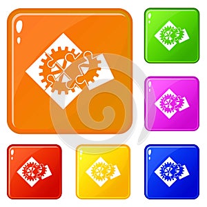 Teamwork puzzle icons set vector color
