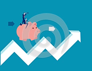 Teamwork riding piggy bank on arrow sign. Concept business vector illustration. Flat business cartoon, Financial, Economy,