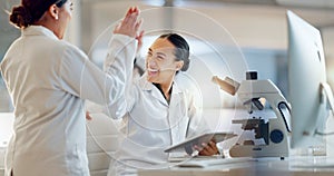 Teamwork, scientist or doctors high five for success, medicine breakthrough or partnership in lab. Science