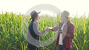 Teamwork smart farming husbandry concept slow motion video. two men agronomist two farmers shake hands teamwork business