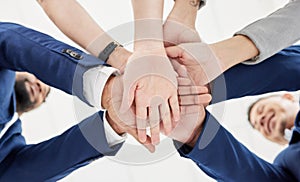 Teamwork, stack of hands and team of business people in celebration together for success or achievement. Professional