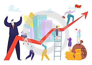 Teamwork at success arrow, team finance growth and achievement progress vector illustration. Corporate graph and